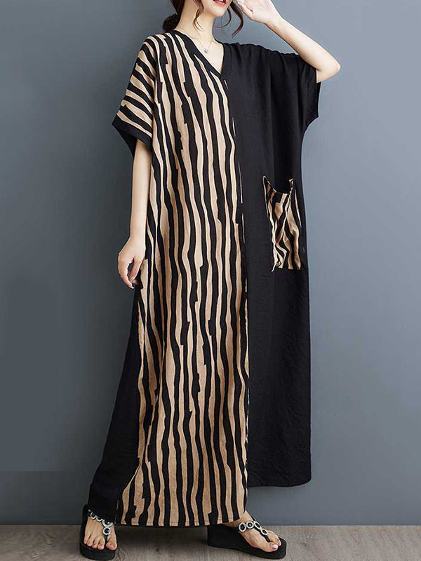 A-Line Batwing Sleeves Contrast Color Pockets Split-Joint Striped V-Neck Maxi Dresses