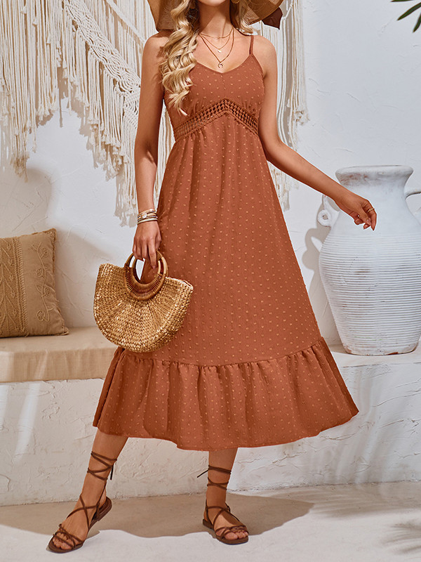 A-Line Loose Hollow Jacquard Pleated Solid Color Split-Joint Spaghetti-Neck Midi Dresses
