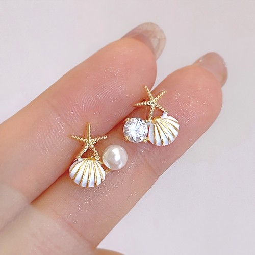 Chic Summer Beach-Inspired Women'S Stud Earrings - Starfish & Shell Design With Sparkling Accents, 925 Silvery Posts, Vintage-Chic Alloy Fashion Jewelry For Daily Wear & Parties