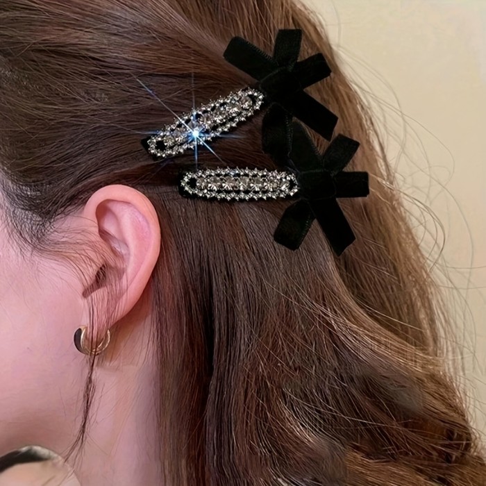 Elegant Vintage Velvet Bow Hair Clip Set With Rhinestones - Chic Grey, Perfect For Bangs & Side Styling, Women'S Fashion Accessory
