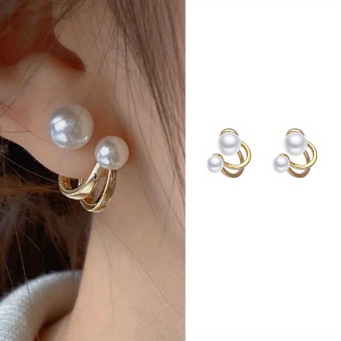 Exquisite Double Imitation Pearl Design Stud Earrings Alloy Jewelry Elegant Vintage Style For Women Daily Casual
