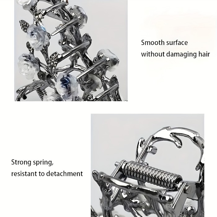 Rose Floral Metal Claw Clip Gothic Punk Style for Women, Hollow Flower Design, Large Metal Clasp Accessory for Ages 14+, Single Piece Solid Color Hair Ornament