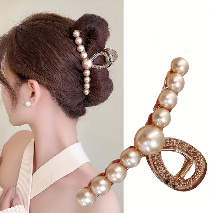 Elegant Coffee-Colored Pearl Water Diamond Hair Clip with Shark Tooth Design, Suitable for Women's Hair Volume Display - Anniversary Gift for 14+ Years Old