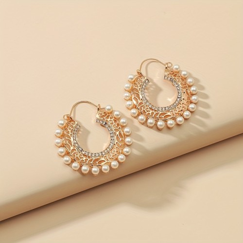 Faux Pearl Sparkling Rhinestone Decor Hollow Round Dangle Earrings Bohemian Elegant Style Alloy Jewelry Trendy Female Gift
