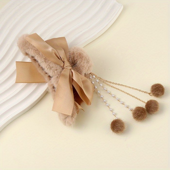 Bowknot Tassel Faux Pearl Plush Hair Claw Clip Elegant Non-Slip Strong Hold Grip Hair Jaw Clip For Thick Hair Accessories