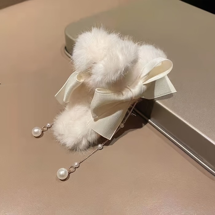 Bowknot Tassel Faux Pearl Plush Hair Claw Clip Elegant Non-Slip Strong Hold Grip Hair Jaw Clip For Thick Hair Accessories