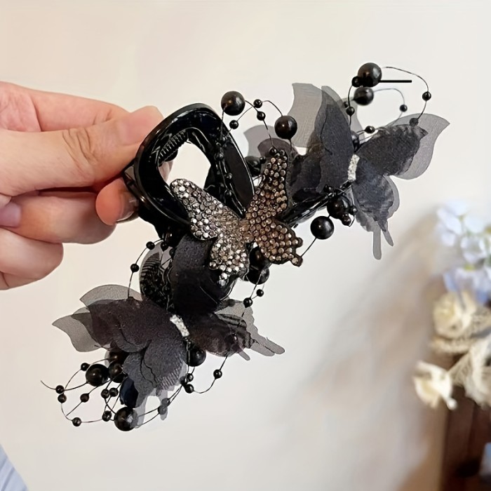 Elegant Black Bow Hair Claw With Sparkling Rhinestones - Large Shark Clip For Women, Perfect For Everyday & Valentine'S Day, Non-Slip Grip For Long Hair