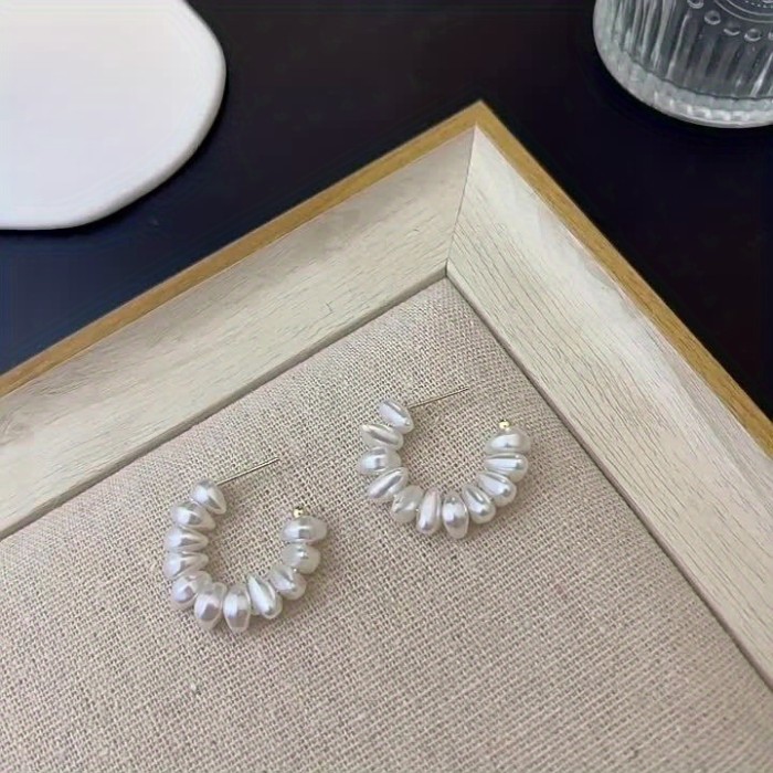 925 Silver Needle C-Shaped Faux Pearl Earrings 18K Plated Jewelry For Women