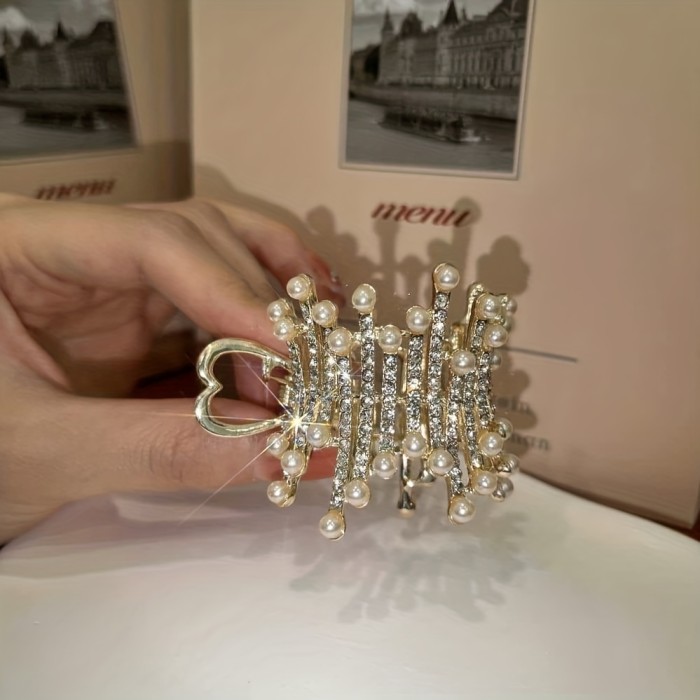 2PCS Y2K Style Alloy Claw Clips with Rhinestone and Imitation Pearls, Oval Shaped Barrettes with Color Matching Design, Elegant Ponytail Holders, Trendy Hair Accessories for Teens and Adults, Birthday Festive Gift Set
