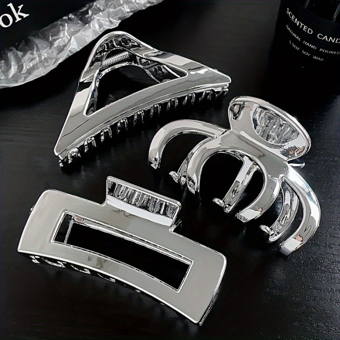 Set of 3 Minimalist Plastic Hair Claws for Women - Stylish Metallic Finish Shark Clips, Elegant Accessory for Teens and Adults, Solid Color, Middle Size