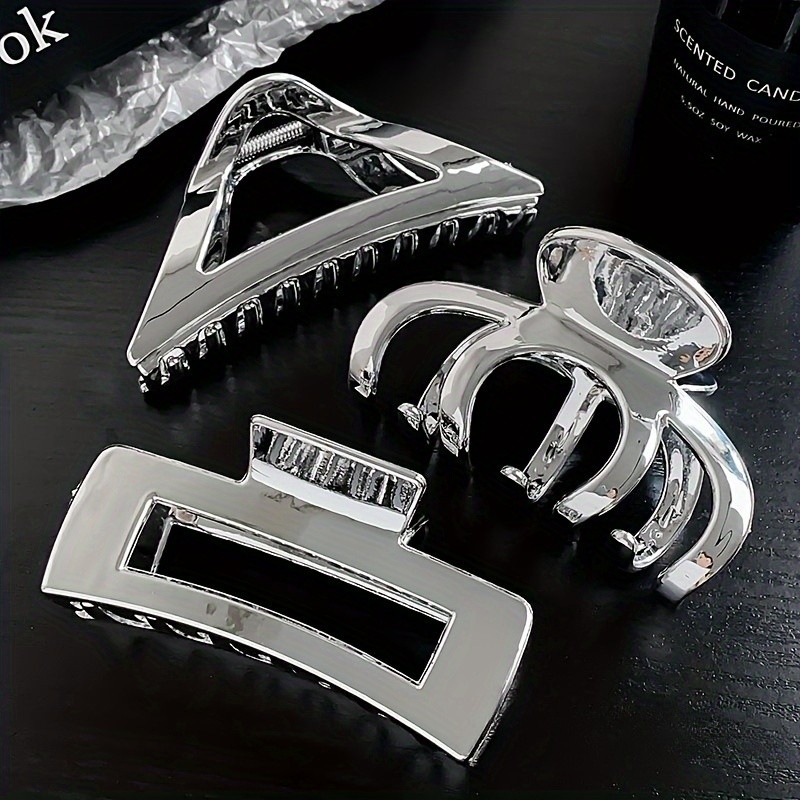 Set of 3 Minimalist Plastic Hair Claws for Women - Stylish Metallic Finish Shark Clips, Elegant Accessory for Teens and Adults, Solid Color, Middle Size
