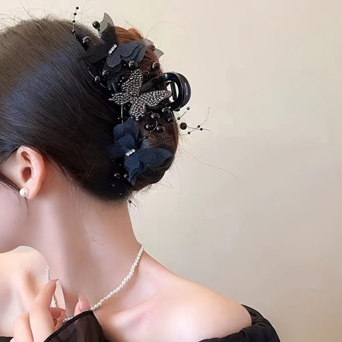 Elegant Black Bow Hair Claw With Sparkling Rhinestones - Large Shark Clip For Women, Perfect For Everyday & Valentine'S Day, Non-Slip Grip For Long Hair
