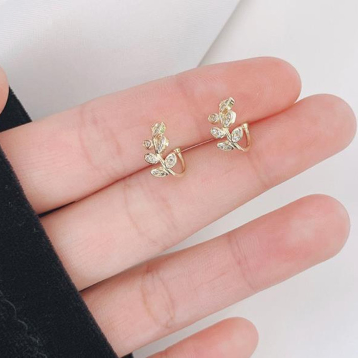 Elegant Rhinestone Leaf Design Ear Cuffs for Women, Alloy Ear Bone Clip, Simple Luxurious Non-Piercing Earrings, Daily and Party Wear Jewelry Accessory