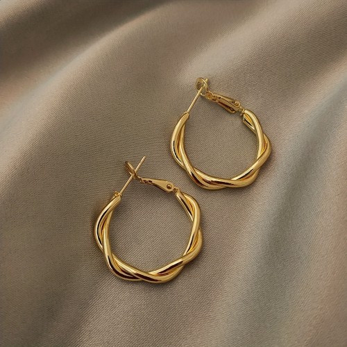 Golden Twisted Pattern Hoop Earrings Elegant Simple Style Iron Jewelry Daily Wear Accessories Female Gift