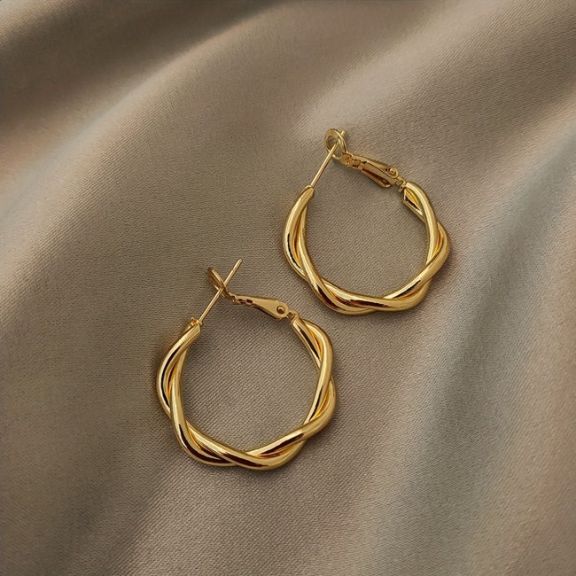 Golden Twisted Pattern Hoop Earrings Elegant Simple Style Iron Jewelry Daily Wear Accessories Female Gift