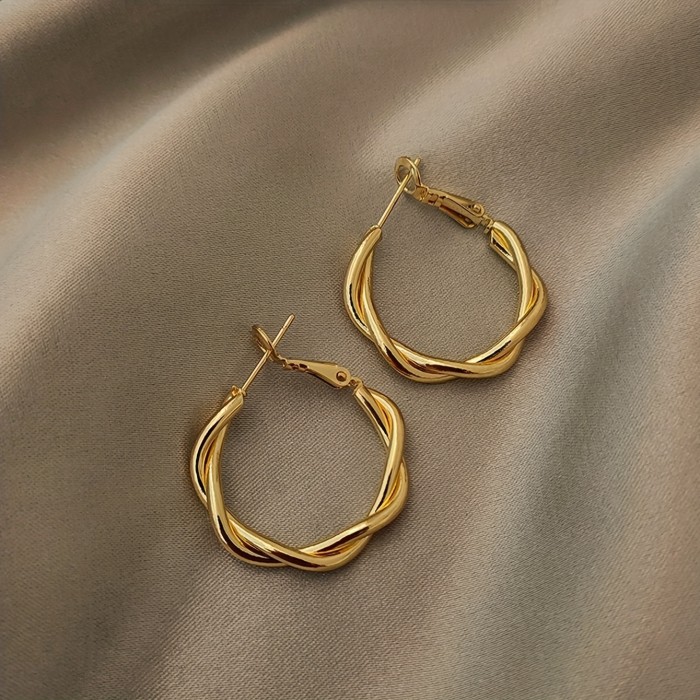 Golden Twisted Pattern Hoop Earrings Elegant Simple Style Iron Jewelry Daily Wear Accessories Female Gift