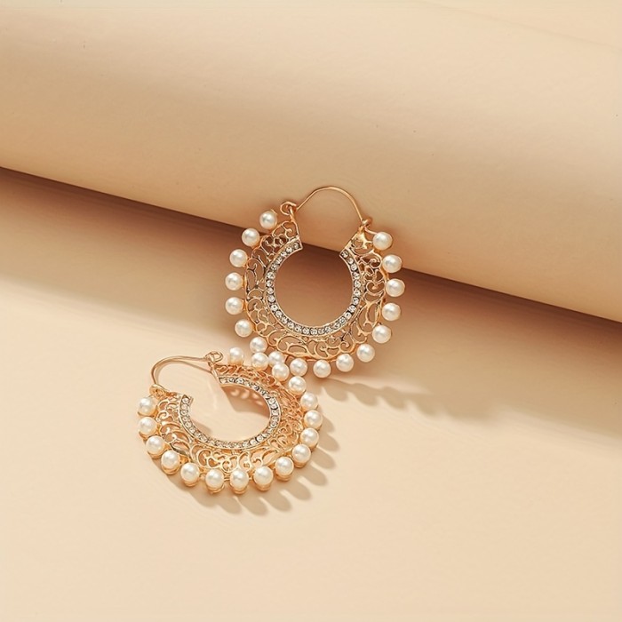 Faux Pearl Sparkling Rhinestone Decor Hollow Round Dangle Earrings Bohemian Elegant Style Alloy Jewelry Trendy Female Gift