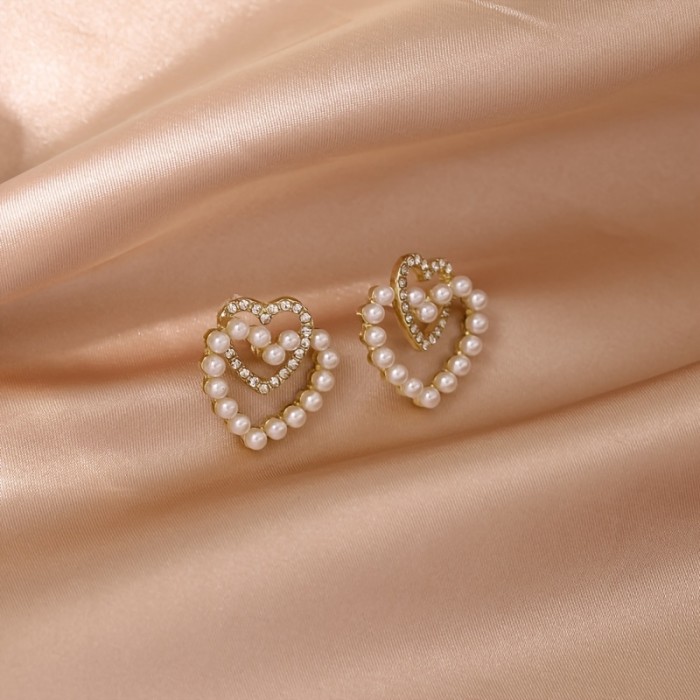 Simple Double Love Faux Pearl Earrings For Women Girls 18K Plated Jewelry