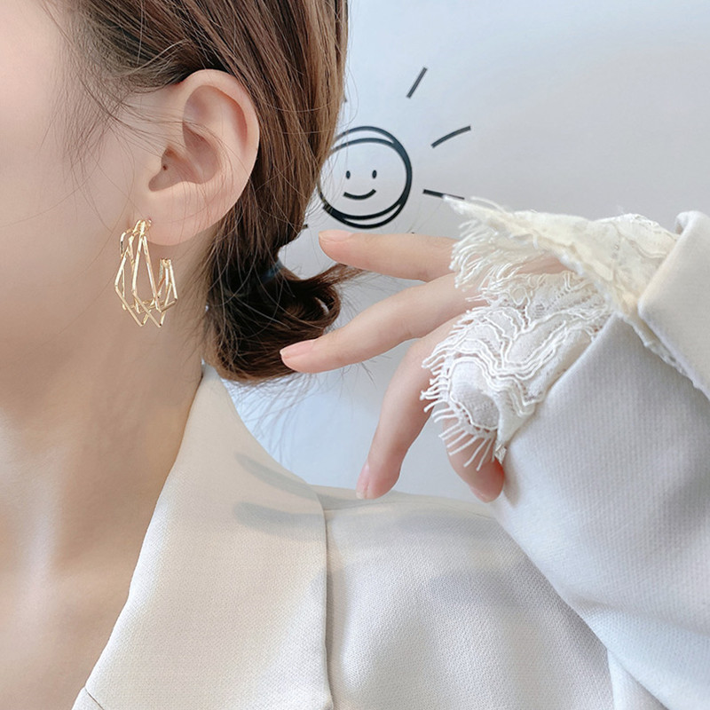 Plated Big Multilayer Geometric Hoop Huggie Earrings Personality Unique Design For Women Girls Gift 1Pair