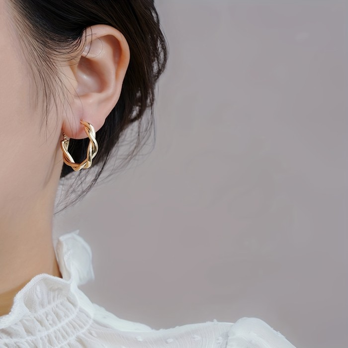 Golden Twisted Pattern Hoop Earrings Elegant Simple Style Iron Jewelry Daily Wear Accessories Female Gift