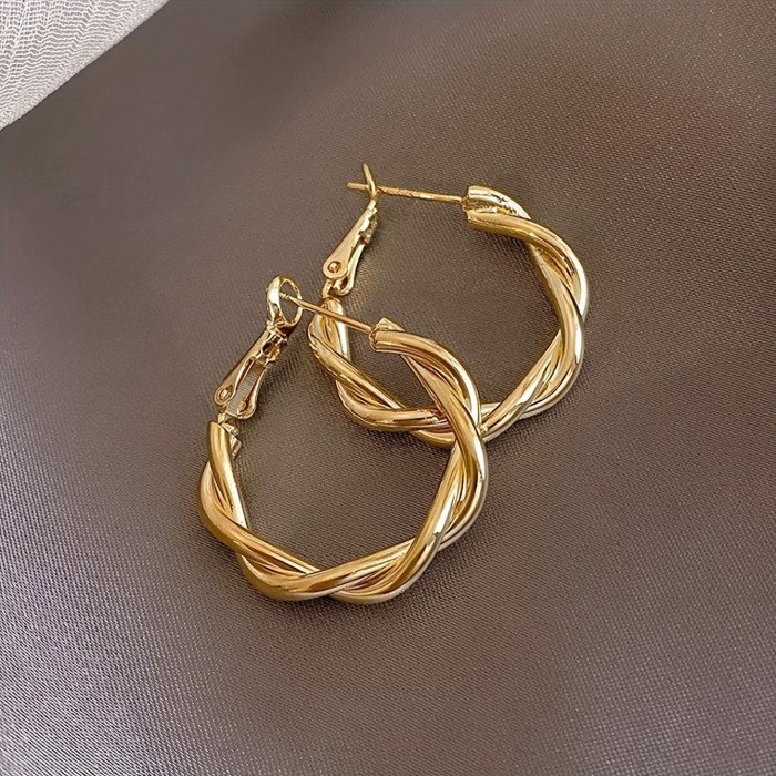 Golden Twisted Pattern Hoop Earrings Elegant Simple Style Iron Jewelry Daily Wear Accessories Female Gift