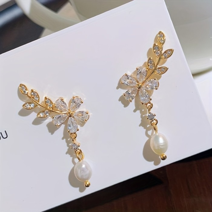 Zircon Flower & Faux Pearl Decor Earrings Vintage Elegant Earrings Fashion Party Or Everyday Wear