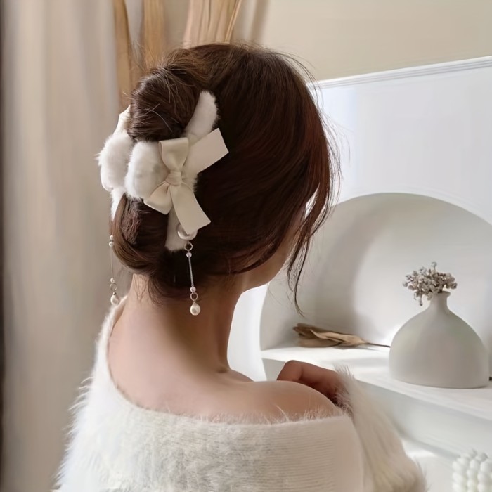 Bowknot Tassel Faux Pearl Plush Hair Claw Clip Elegant Non-Slip Strong Hold Grip Hair Jaw Clip For Thick Hair Accessories
