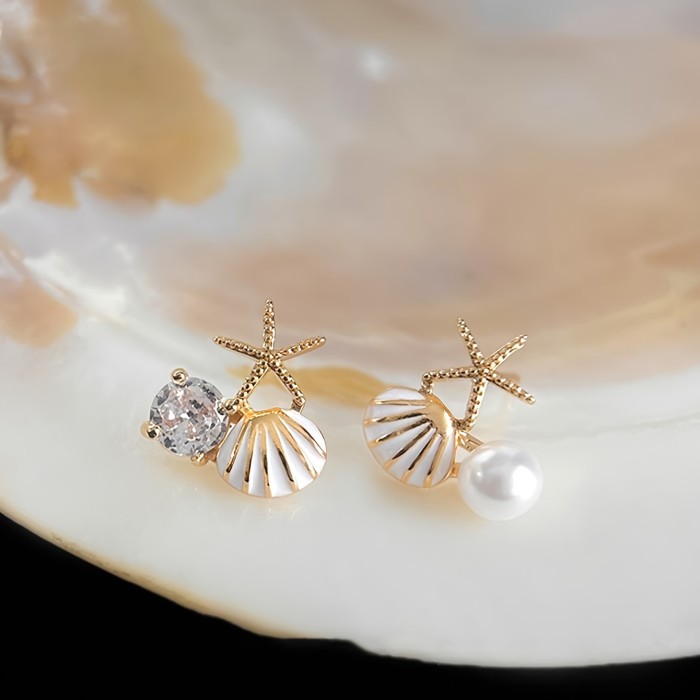 Chic Summer Beach-Inspired Women'S Stud Earrings - Starfish & Shell Design With Sparkling Accents, 925 Silvery Posts, Vintage-Chic Alloy Fashion Jewelry For Daily Wear & Parties