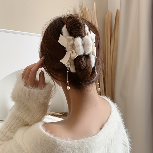 Bowknot Tassel Faux Pearl Plush Hair Claw Clip Elegant Non-Slip Strong Hold Grip Hair Jaw Clip For Thick Hair Accessories
