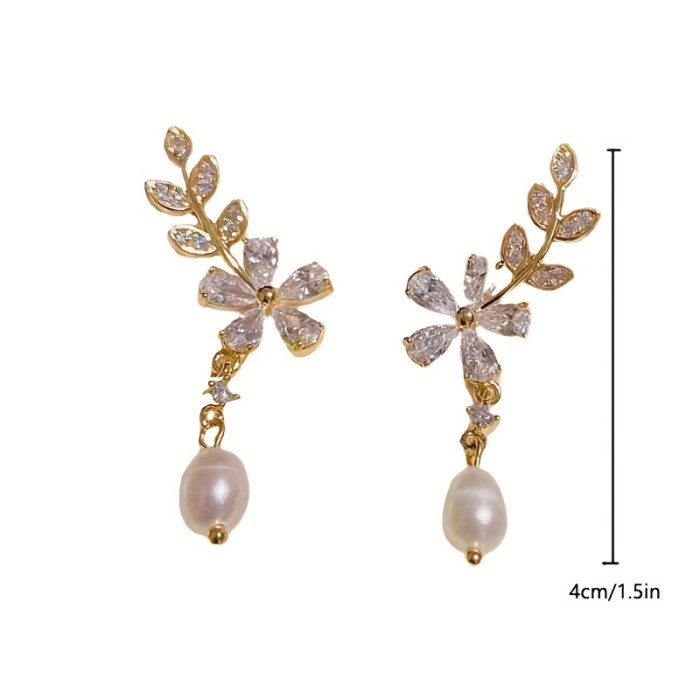 Zircon Flower & Faux Pearl Decor Earrings Vintage Elegant Earrings Fashion Party Or Everyday Wear