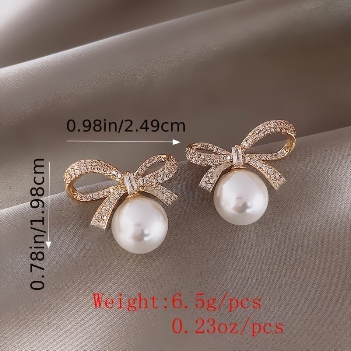 18K Gold Plated Bow Rhinestone Pearl Stud Earrings Women's Elegant Jewelry Women's Accessories