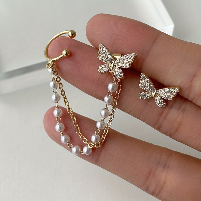 Exquisite Butterfly With Shiny Zircon Inlaid Chain Faux Pearl Decor Ear Cuff\u002F Stud Earrings Elegant Minimalist Style Alloy Jewelry Daily Casual