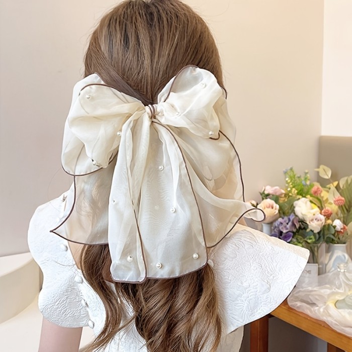 Elegant Chiffon Bow Hairpin with Pearl Streamer - Stylish and Versatile Hair Accessory for Any Occasion