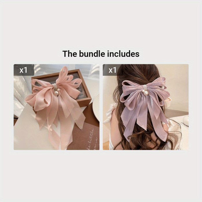 1pc Bow & Faux Pearl Decor Hair Clip Oversized French Barrette Imitation Silk Elegant Hair Pin Hair Styling Accessory