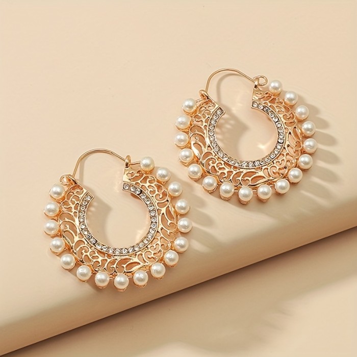 Faux Pearl Sparkling Rhinestone Decor Hollow Round Dangle Earrings Bohemian Elegant Style Alloy Jewelry Trendy Female Gift