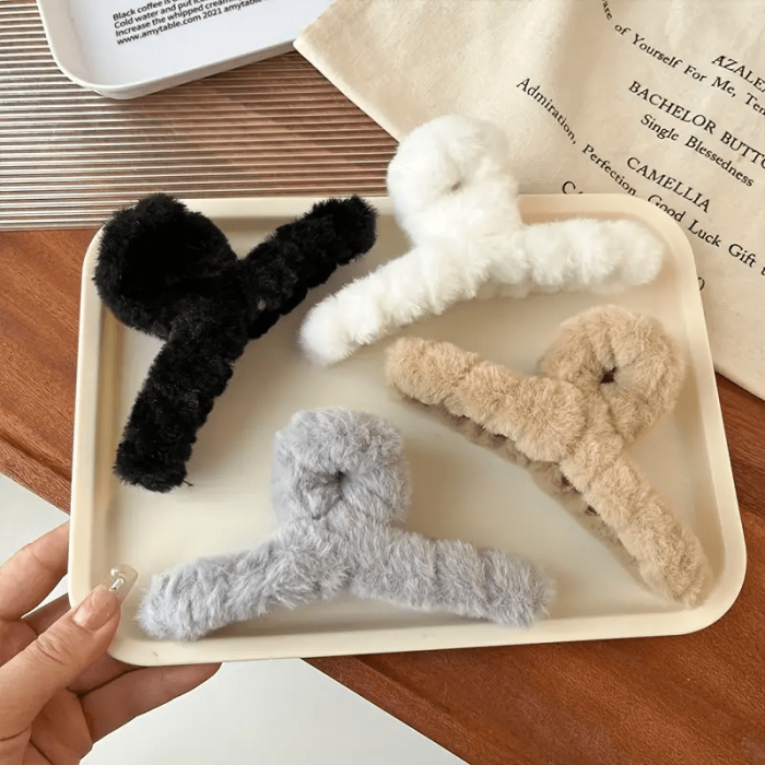 4pcs Elegant Plush Hair Claw Set - Strong Grip For Thick, Curly & Straight Hair - Cute Styling Accessories For Women