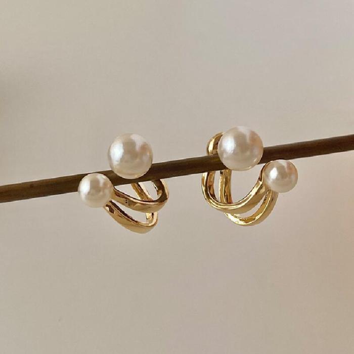 Exquisite Double Imitation Pearl Design Stud Earrings Alloy Jewelry Elegant Vintage Style For Women Daily Casual