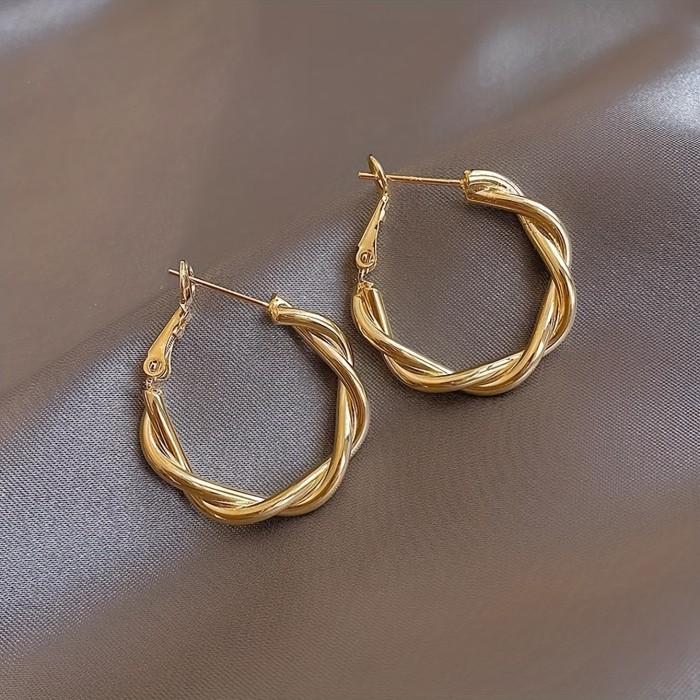 Golden Twisted Pattern Hoop Earrings Elegant Simple Style Iron Jewelry Daily Wear Accessories Female Gift