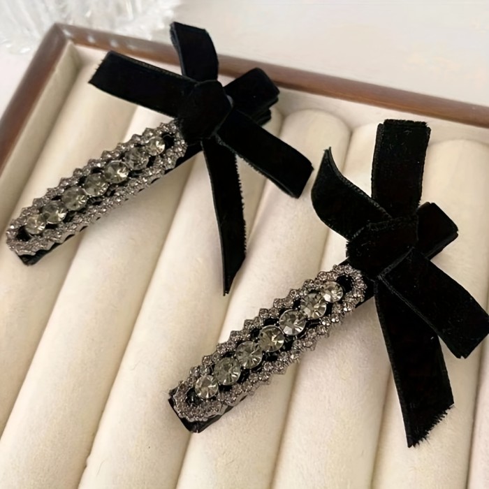 Elegant Vintage Velvet Bow Hair Clip Set With Rhinestones - Chic Grey, Perfect For Bangs & Side Styling, Women'S Fashion Accessory