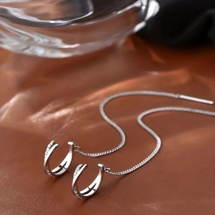 Shiny Zircon Decor Sexy Ear Cuff Threader Earrings Copper Jewelry Exquisite Female Gift Daily Casual