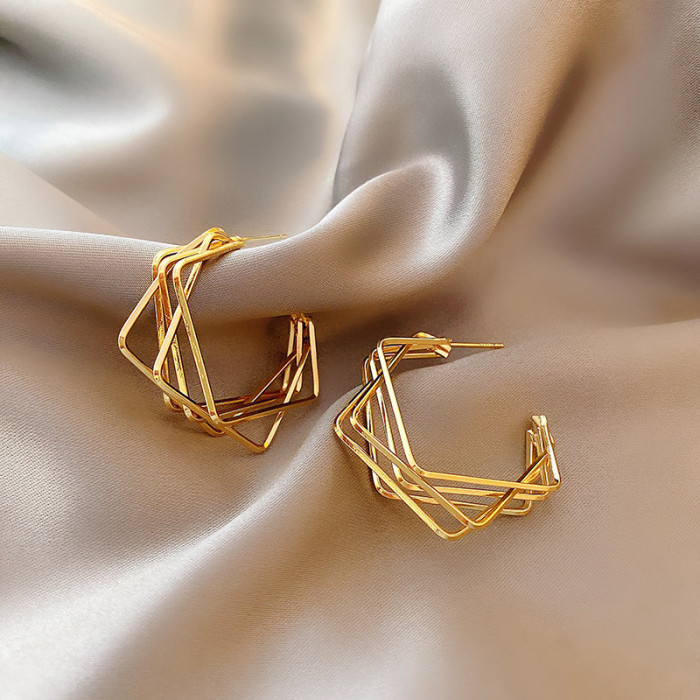 Plated Big Multilayer Geometric Hoop Huggie Earrings Personality Unique Design For Women Girls Gift 1Pair