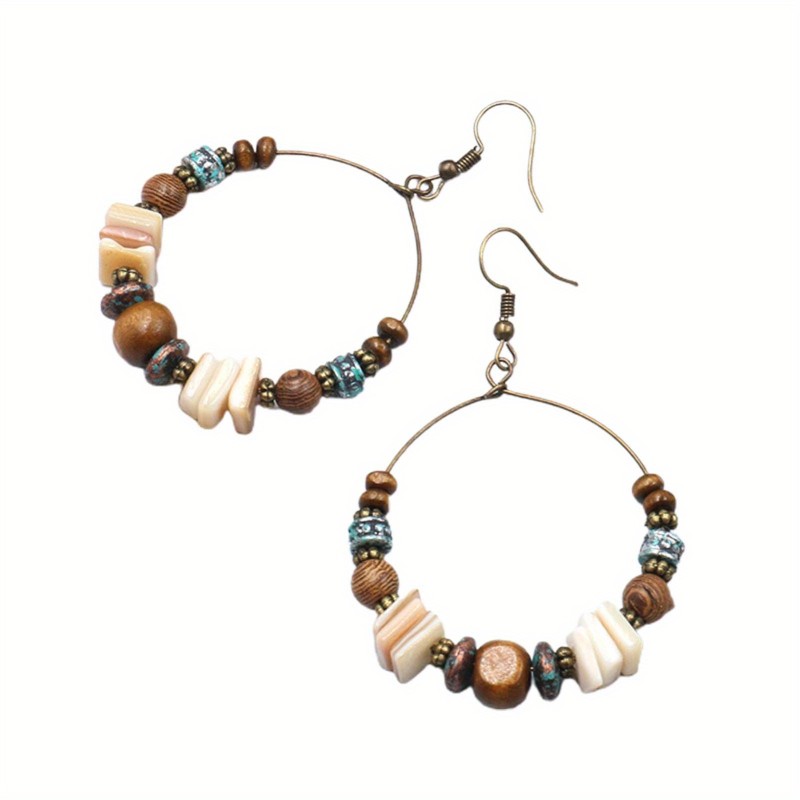 1 Pair Shell Exaggerated Retro Earrings Alloy Wooden Beads Round Boho Earrings Fashion Jewelry 2.76\