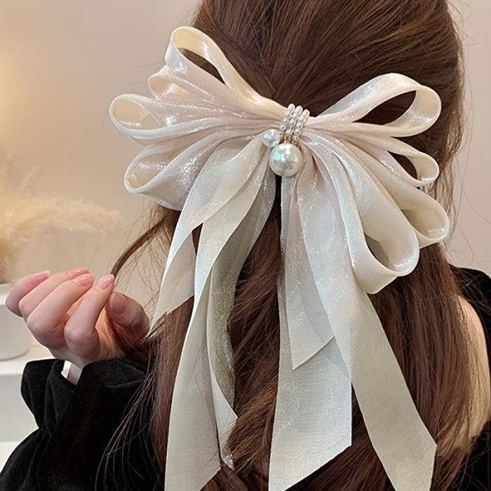 1pc Bow & Faux Pearl Decor Hair Clip Oversized French Barrette Elegant Hair Pin Hair Styling Accessory