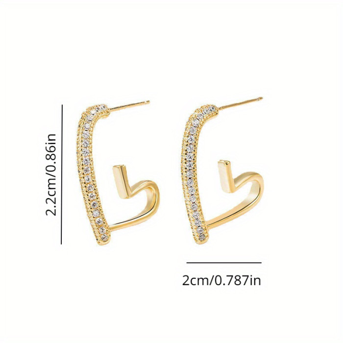 Tiny Irregular Heart Design Hoop Earrings Alloy 18K Gold Plated  Jewelry Rhinestones Inlaid Vintage Elegant Style Dating Earrings