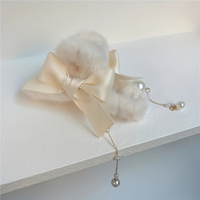 Bowknot Tassel Faux Pearl Plush Hair Claw Clip Elegant Non-Slip Strong Hold Grip Hair Jaw Clip For Thick Hair Accessories