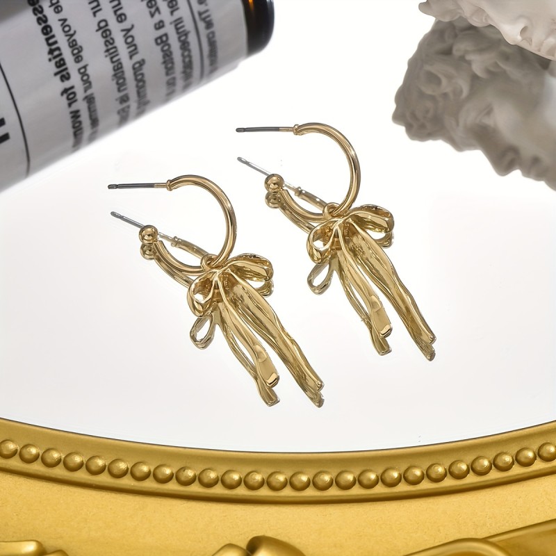 1 Pair Of Drop Earrings, Golden Bowknot Design, Match Daily Outfits, Party Accessories, Sweet Decor For Female