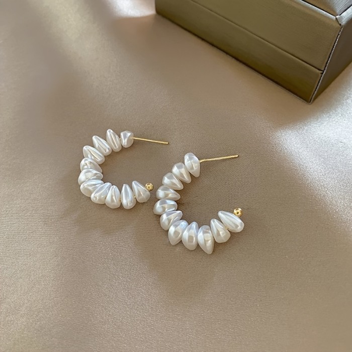 925 Silver Needle C-Shaped Faux Pearl Earrings 18K Plated Jewelry For Women