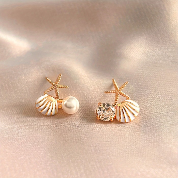 Chic Summer Beach-Inspired Women'S Stud Earrings - Starfish & Shell Design With Sparkling Accents, 925 Silvery Posts, Vintage-Chic Alloy Fashion Jewelry For Daily Wear & Parties