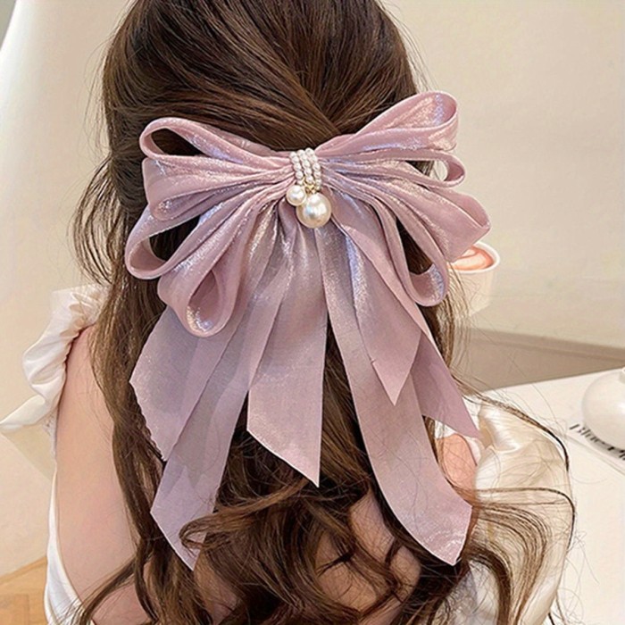 1pc Bow & Faux Pearl Decor Hair Clip Oversized French Barrette Imitation Silk Elegant Hair Pin Hair Styling Accessory