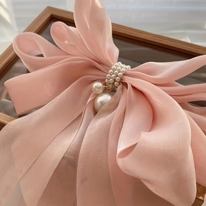 1pc Bow & Faux Pearl Decor Hair Clip Oversized French Barrette Imitation Silk Elegant Hair Pin Hair Styling Accessory